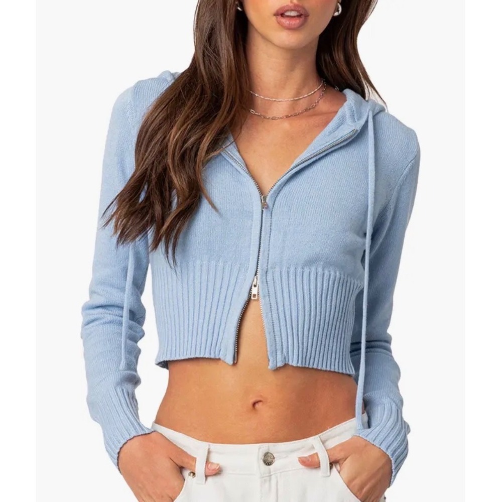 Orange Kiss Essentials Light Blue Cropped Knit Zip Up Hoodie Sweater NEW